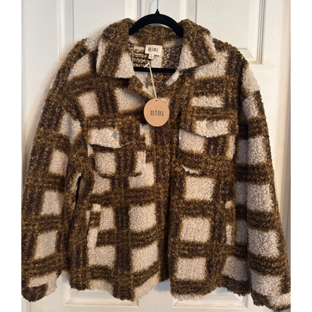BiBi! Brown & Beige Plaid Teddy Jacket S